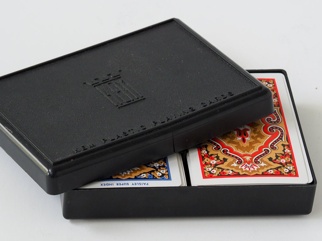 Vintage KEM Paisley Red & Blue Pattern Double Deck Plastic Playing Cards & Case Lifestyle - Afterthought Vintage