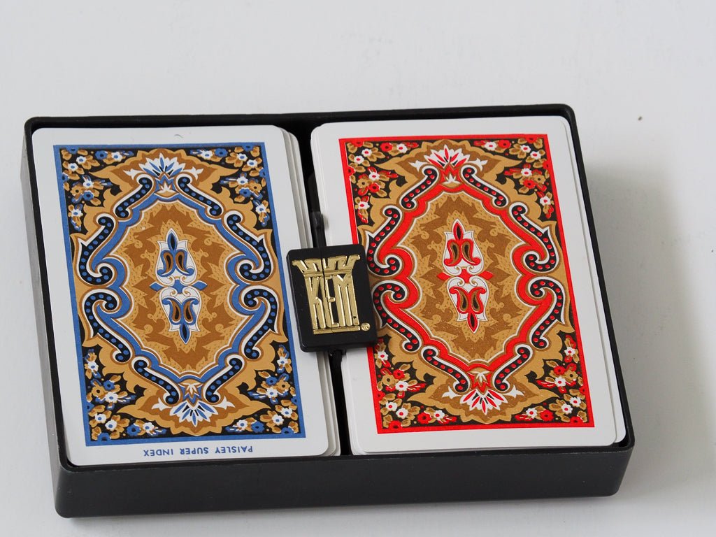 Vintage KEM Paisley Red & Blue Pattern Double Deck Plastic Playing Cards & Case Lifestyle - Afterthought Vintage