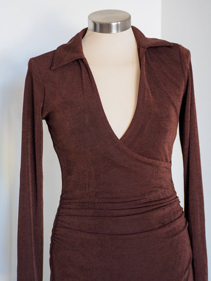 Y2K Brown Shimmer Midi Wrap Cocktail Dress Clothes - Afterthought Vintage