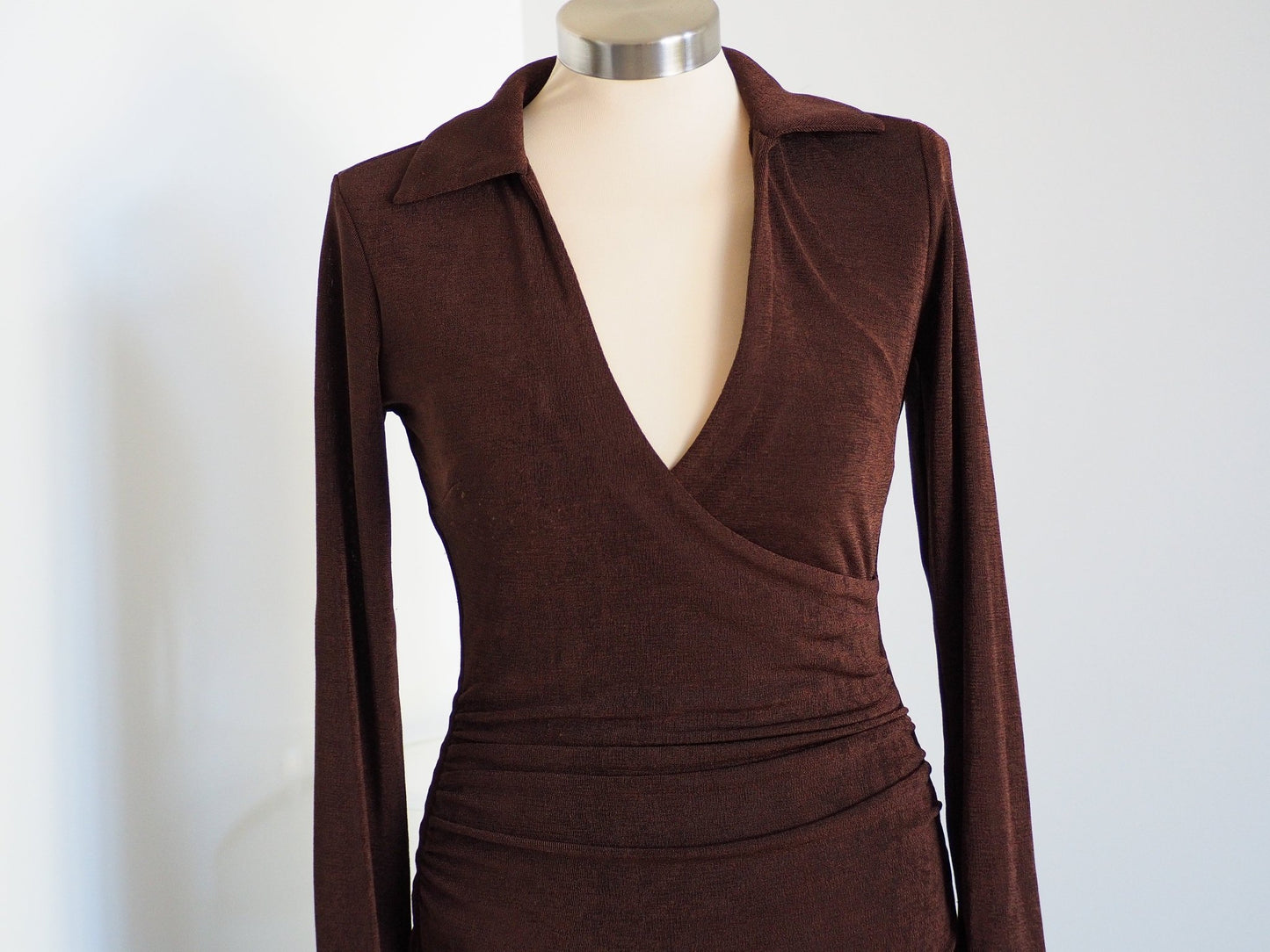 Y2K Brown Shimmer Midi Wrap Cocktail Dress Clothes - Afterthought Vintage