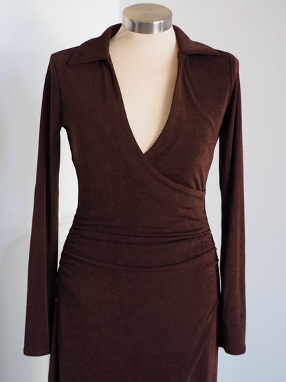 Y2K Brown Shimmer Midi Wrap Cocktail Dress Clothes - Afterthought Vintage