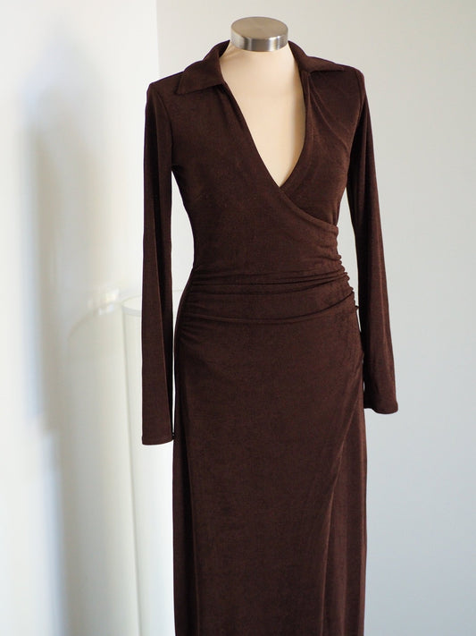 Y2K Brown Shimmer Midi Wrap Cocktail Dress Clothes - Afterthought Vintage