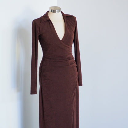 Y2K Brown Shimmer Midi Wrap Cocktail Dress Clothes - Afterthought Vintage