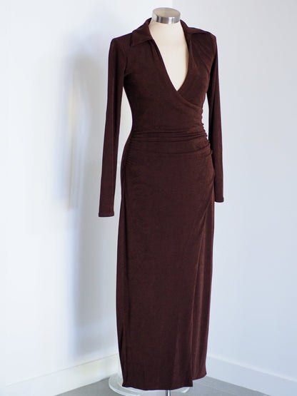 Y2K Brown Shimmer Midi Wrap Cocktail Dress Clothes - Afterthought Vintage