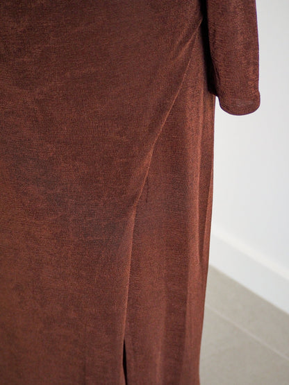 Y2K Brown Shimmer Midi Wrap Cocktail Dress Clothes - Afterthought Vintage