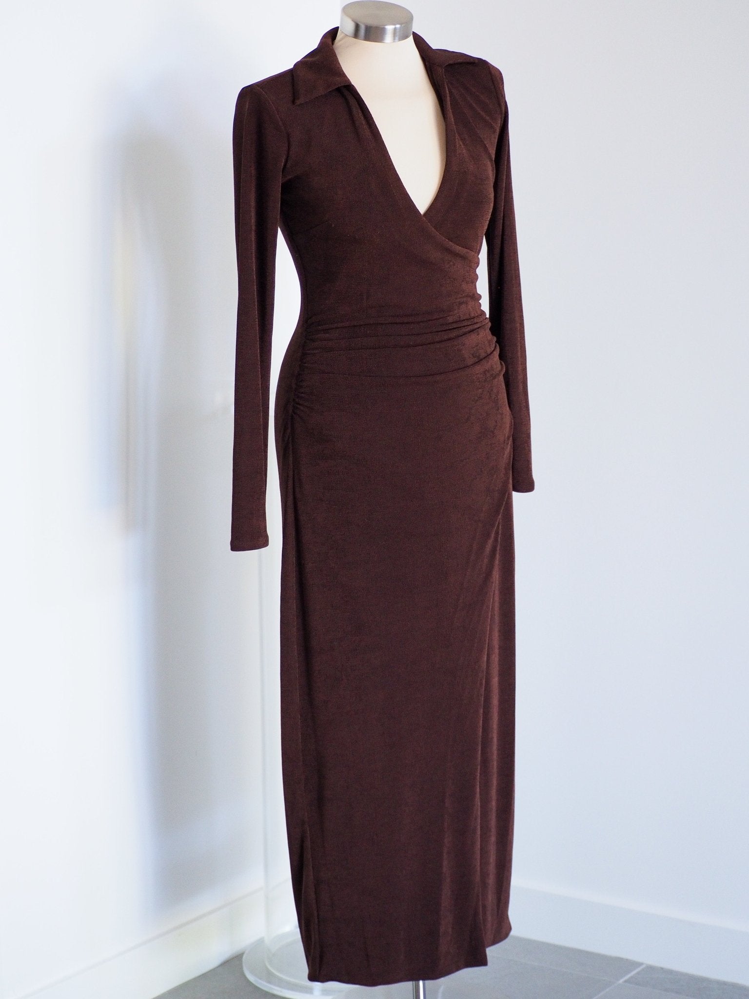 Y2K Brown Shimmer Midi Wrap Cocktail Dress Clothes - Afterthought Vintage