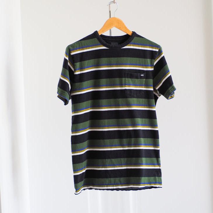 Y2K Vans Striped Skater T-Shirt with Front Pocket - Green Clothes - Vans - Afterthought Vintage