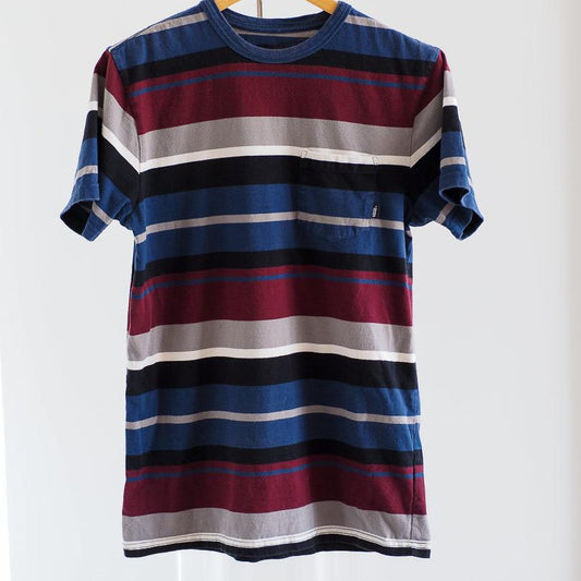 Y2K Vans Striped Skater T-Shirt with Front Pocket - Maroon Clothes - Vans - Afterthought Vintage