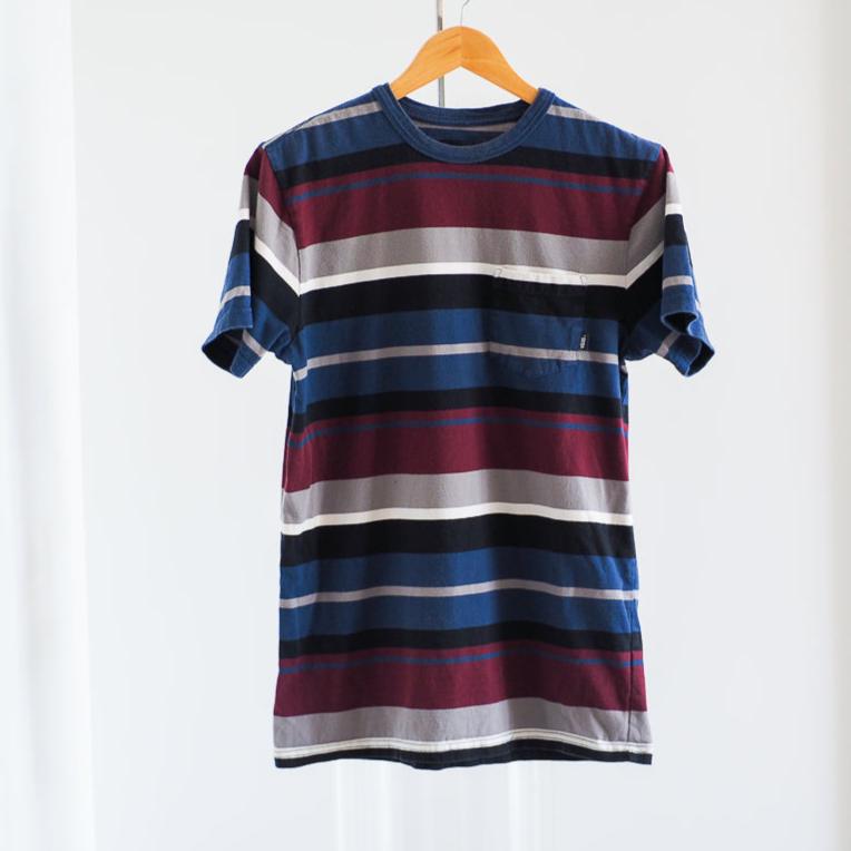 Y2K Vans Striped Skater T-Shirt with Front Pocket - Maroon Clothes - Vans - Afterthought Vintage