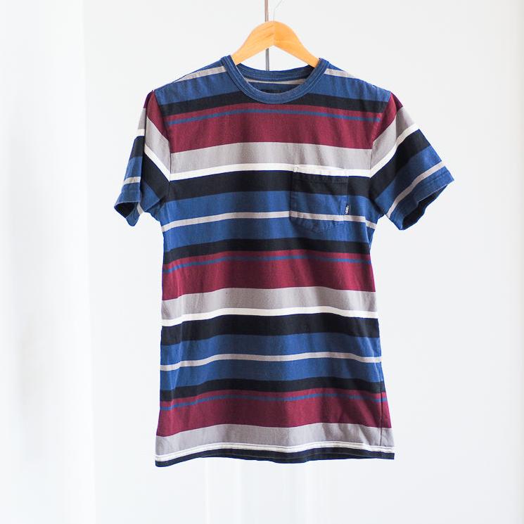 Y2K Vans Striped Skater T-Shirt with Front Pocket - Maroon Clothes - Vans - Afterthought Vintage