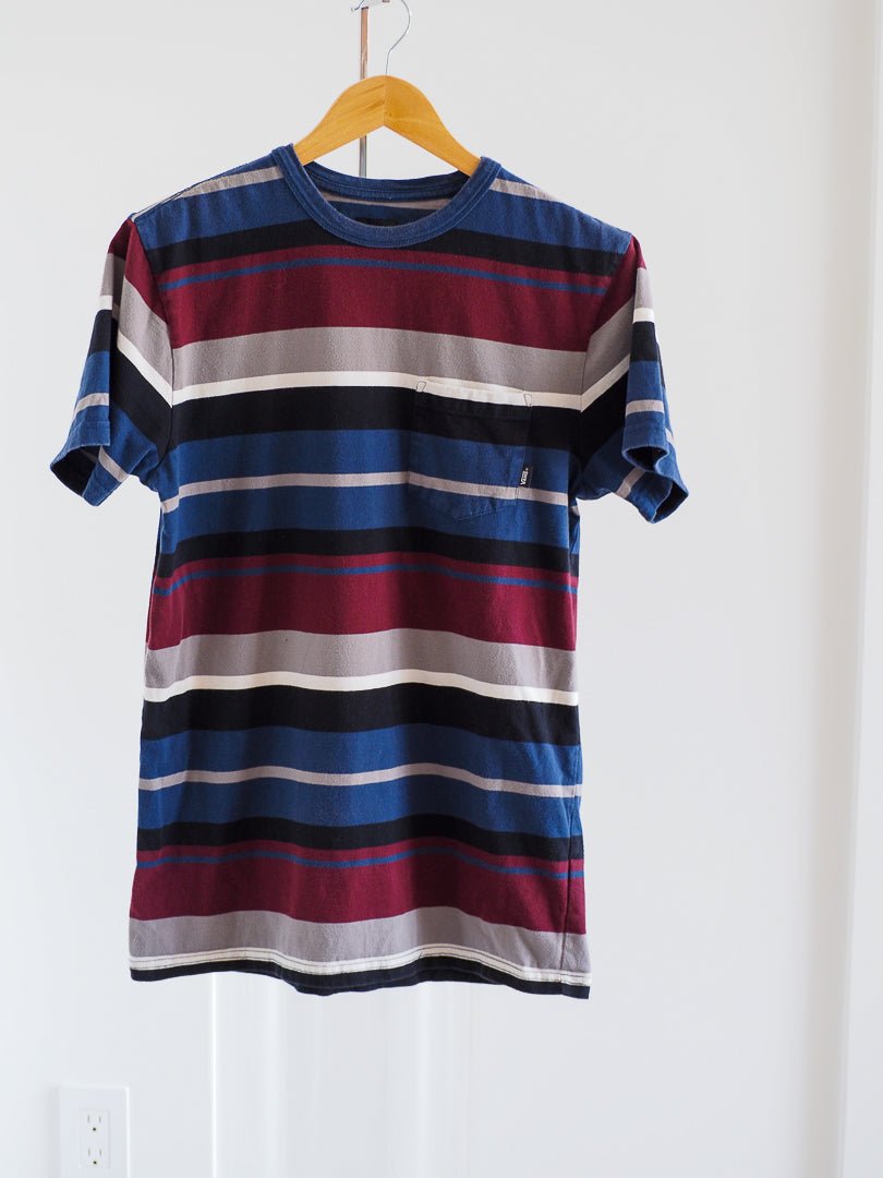 Y2K Vans Striped Skater T-Shirt with Front Pocket - Maroon Clothes - Vans - Afterthought Vintage